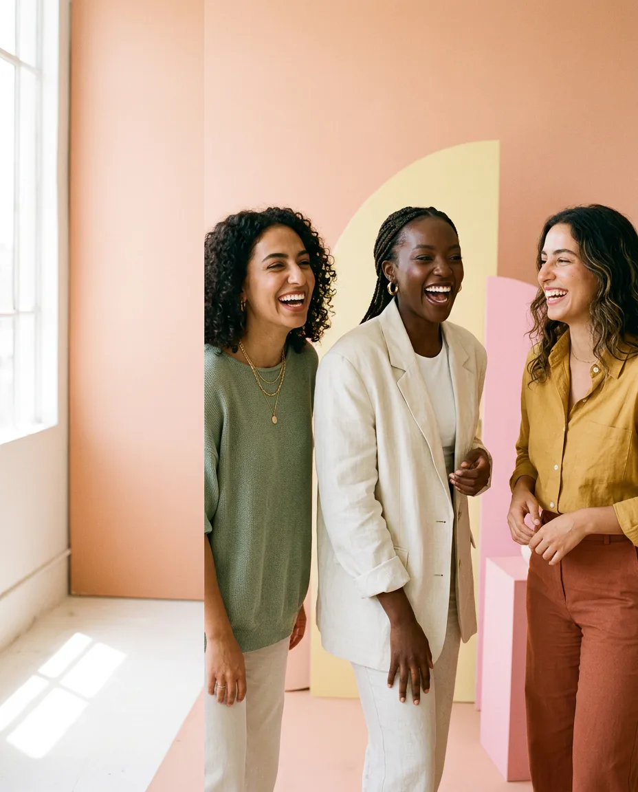 Three women laughing together in a bright studio
