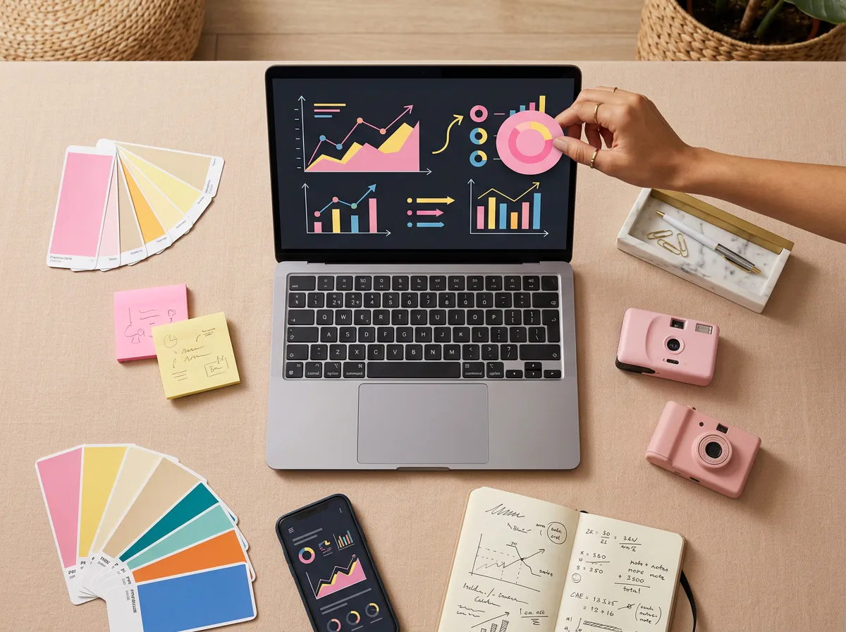 Campaign planning desk with colorful performance charts